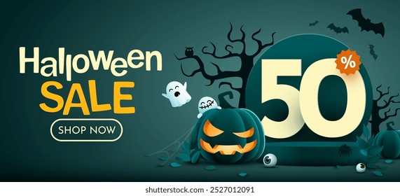 50% de desconto. Modelo de banner de venda de Halloween. Pódio e números com quantia de desconto. Oferta especial de outubro. Ilustração vetorial.