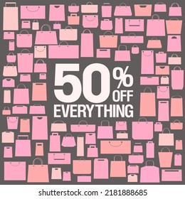 50 percents off sale vector web banner template with pink shopping bags pattern