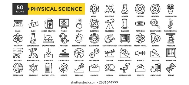50 Physical Science icon set. Containing design science, education, physical, concept, physics	