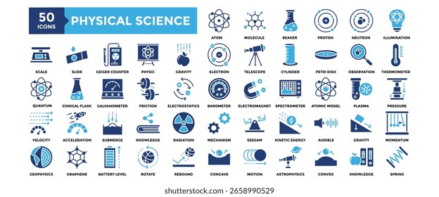 50 Conjunto de iconos de Ciencia física. Contiene ciencia del diseño, educación, física, concepto, física	