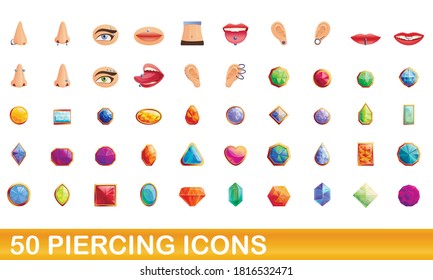 50 Piercing Icons Set. Cartoon-Illustration von 50 Piercing-Symbolen, Vektorset einzeln auf weißem Hintergrund