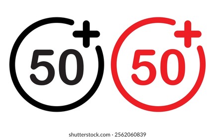 50 plus icon set in circle shape.  Black and red 50 plus icons isolated on white background. 50 plus age limit symbols. Vector illustration. EPS 10