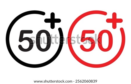 50 plus icon set in circle shape.  Black and red 50 plus icons isolated on white background. 50 plus age limit symbols. Vector illustration. EPS 10