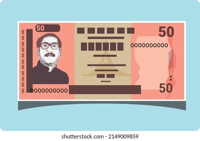 50 (Ponchash) BD Taka Banknote. Translation: Fifty BDT  Bangladesh Currency. Flat paper money vector illustration and design. BD Currency. BDT banknote sign. Bangladeshi payment and finance