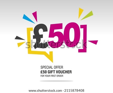 50 Pound Sterling internet website promotion sale offer big sale and super sale modern colorful coupon code £50 discount gift voucher coupon