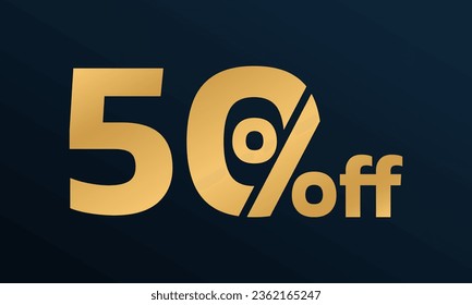 50% price off golden icon. 50 percent sale label, sign or tag. Discount, promotion banner, coupon design element. Vector illustration.