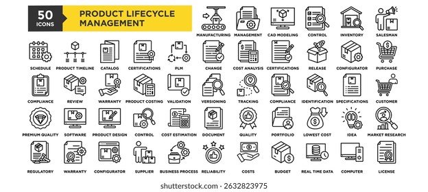 50 Conjunto de ícones do Product Lifecycle Management. Contendo a fabricação de produtos de design, gerenciamento de documentos, modelagem CAD, controle de qualidade, controle de inventário	