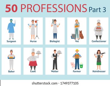 50 professions. Big set of professions in cartoon flat style for children. International Workers' Day, Labour Day