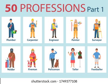 50 professions. Big set of professions in cartoon flat style for children. International Workers' Day, Labour Day