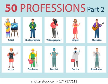 50 professions. Big set of professions in cartoon flat style for children. International Workers' Day, Labour Day