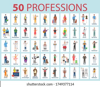 50 professions. Big set of professions in cartoon flat style for children. International Workers' Day, Labour Day