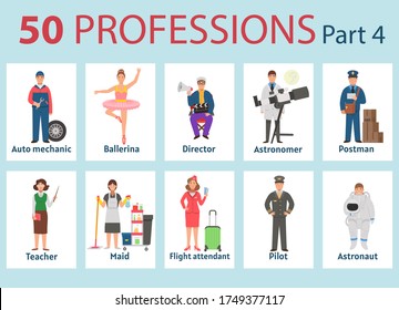 50 professions. Big set of professions in cartoon flat style for children. International Workers' Day, Labour Day