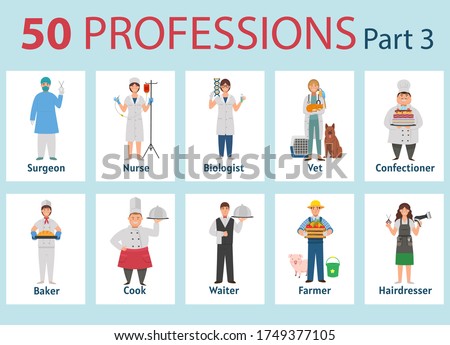 50 professions. Big set of professions in cartoon flat style for children. International Workers' Day, Labour Day