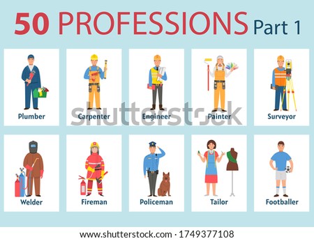 50 professions. Big set of professions in cartoon flat style for children. International Workers' Day, Labour Day