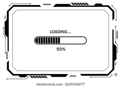 50% progress loading bar, black control panel, cutting edge technology, futuristic HUD UI interface on white background.