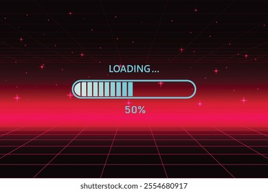 50% progress loading bar on retro futuristic sci-fi background.