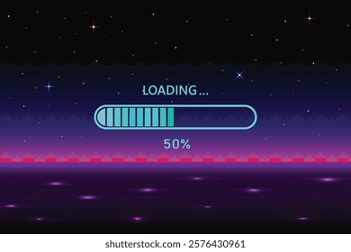 50% Progress Loading Bar on retro Futurism Sci-Fi Background. glowing neon grid. and stars from vintage arcade computer games. Pixel art 8-bit 