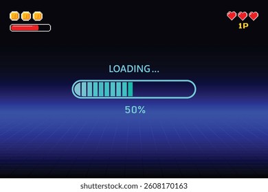 50% Progress Loading Bar on Retro Futurism Sci-Fi Background.