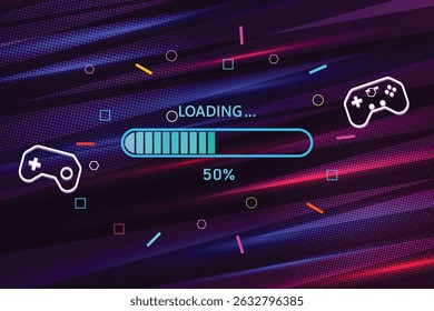 50% de progresso da barra de carregamento no fundo de jogo abstrato com luzes azuis, rosa, roxo.