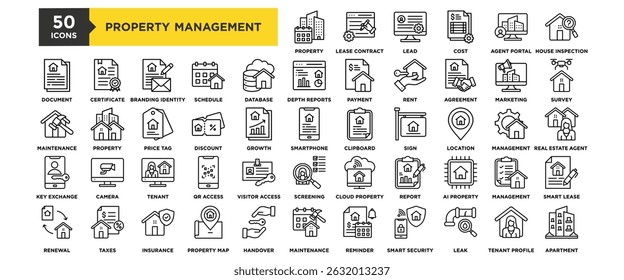 50 Conjunto de ícones do Property Management System. Contendo propriedade de design, sistema, gerenciamento, negócios, conceito, tecnologia	