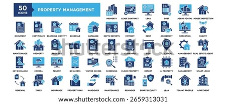 50 Property Management System icon set. Containing design property, system, management, business, concept, technology	