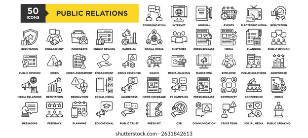 50 Conjunto de ícones de Relações Públicas. Contendo negócios de design, relações públicas, gerenciamento, corporativos	
