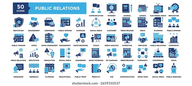 50 Icon-Set für Öffentlichkeitsarbeit. Enthaltend Design Business, Öffentlichkeitsarbeit, Management, Corporate