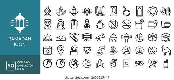 50 Ramadan Line Icons Set Featuring Crescent Moon, Prayer, Lantern, and More