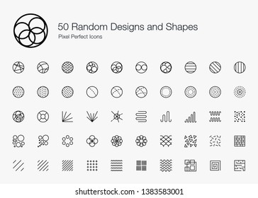 50 Random Designs and Shapes Pixel Perfect Icons (Line Style). Vector icon set of random round circle pattern,  abstract lines, and shapes.