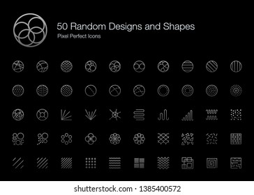 50 Random Designs and Shapes Pixel Perfect Icons (Line Style Shadow Edition). Vector icon set of random round circle pattern,  abstract lines, and shapes.