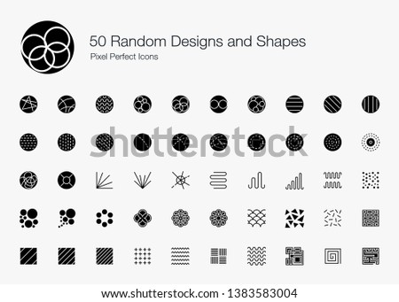 50 Random Designs and Shapes Pixel Perfect Icons (Filled Style). Vector icon set of random round circle pattern,  abstract lines, and shapes.
