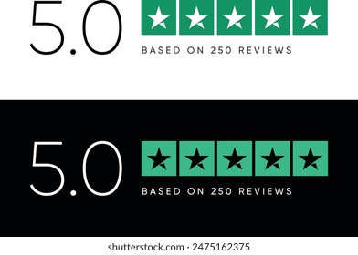 5.0 rating Five stars testimonial based on reviews product rating in white and black.App UI banner template website. Product Quality, Feedback Customer service, satisfaction 5 score, Vector design.