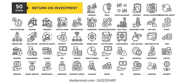 50 Return on Investment icon set. Containing design Company Growth, Investment Ideas, Stock Exchange, Investment Strategy, Digital Investment	