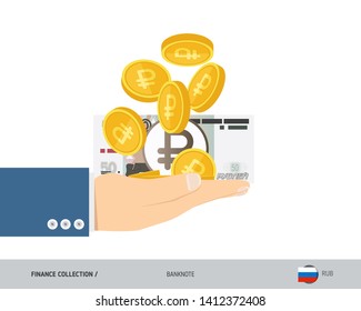 50 Russian Ruble banknote and coins in the palm of hands. Flat style vector illustration. Finance concept.