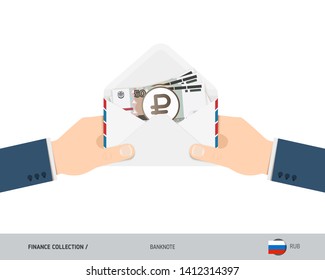 50 Russian Ruble Banknotes in envelope hold in hand. Flat style opened white envelope with cash. Salary payout or corruption concept.