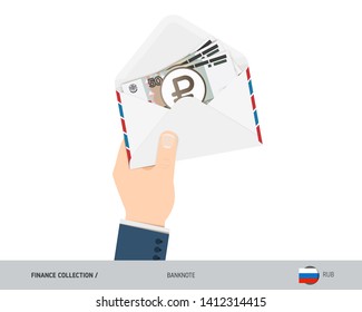 50 Russian Ruble Banknotes in envelope hold in hand. Flat style opened white envelope with cash. Salary payout or corruption concept.