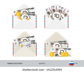 50 Russian Ruble Banknotes. Set of flat style opened envelopes with cash. Isolated white paper envelope with moneys. Finance concept.
