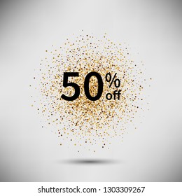 50% sale advertising, golden background with shadow