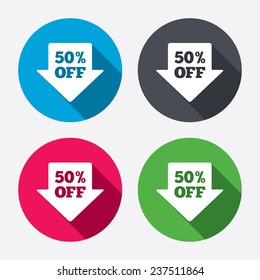 50% sale arrow tag sign icon. Discount symbol. Special offer label. Circle buttons with long shadow. 4 icons set. Vector