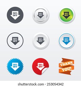50% sale arrow tag sign icon. Discount symbol. Special offer label. Circle concept buttons. Metal edging. Star and label sticker. Vector