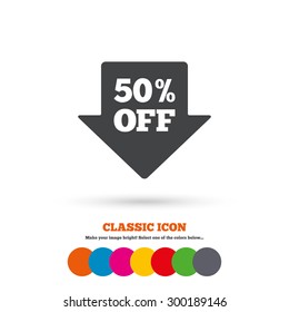 50% sale arrow tag sign icon. Discount symbol. Special offer label. Classic flat icon. Colored circles. Vector