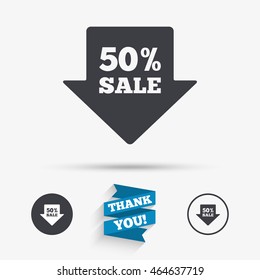 50% sale arrow tag sign icon. Discount symbol. Special offer label. Flat icons. Buttons with icons. Thank you ribbon. Vector