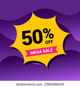 Ilustración vectorial de insignia de venta 50% en un fondo degradado morado. 50% de precio. Amarillo y morado.