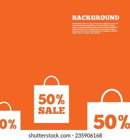 50% sale bag tag sign icon. Discount symbol. Special offer label. Orange background. Vector