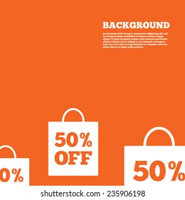50% sale bag tag sign icon. Discount symbol. Special offer label. Orange background. Vector