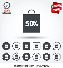 50% sale bag tag sign icon. Discount symbol. Special offer label. Circle, star, speech bubble and square buttons. Award medal with check mark. Thank you. Vector