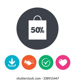 50% sale bag tag sign icon. Discount symbol. Special offer label. Download arrow, handshake, tick and heart. Flat circle buttons.