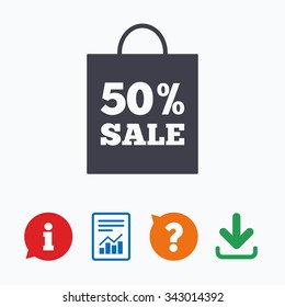 50% sale bag tag sign icon. Discount symbol. Special offer label. Information think bubble, question mark, download and report.