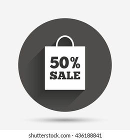 50% sale bag tag sign icon. Discount symbol. Special offer label. Circle flat button with shadow. Vector