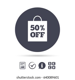 50% sale bag tag sign icon. Discount symbol. Special offer label. Report document, information and check tick icons. Currency exchange. Vector